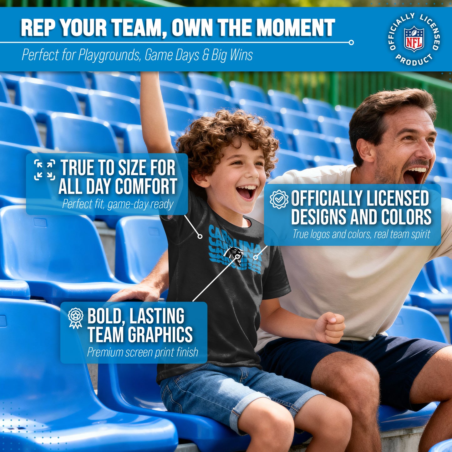 Carolina Panthers NFL Youth Repeating Logo Football T-Shirt Unisex Tag Free Comfortable - Black