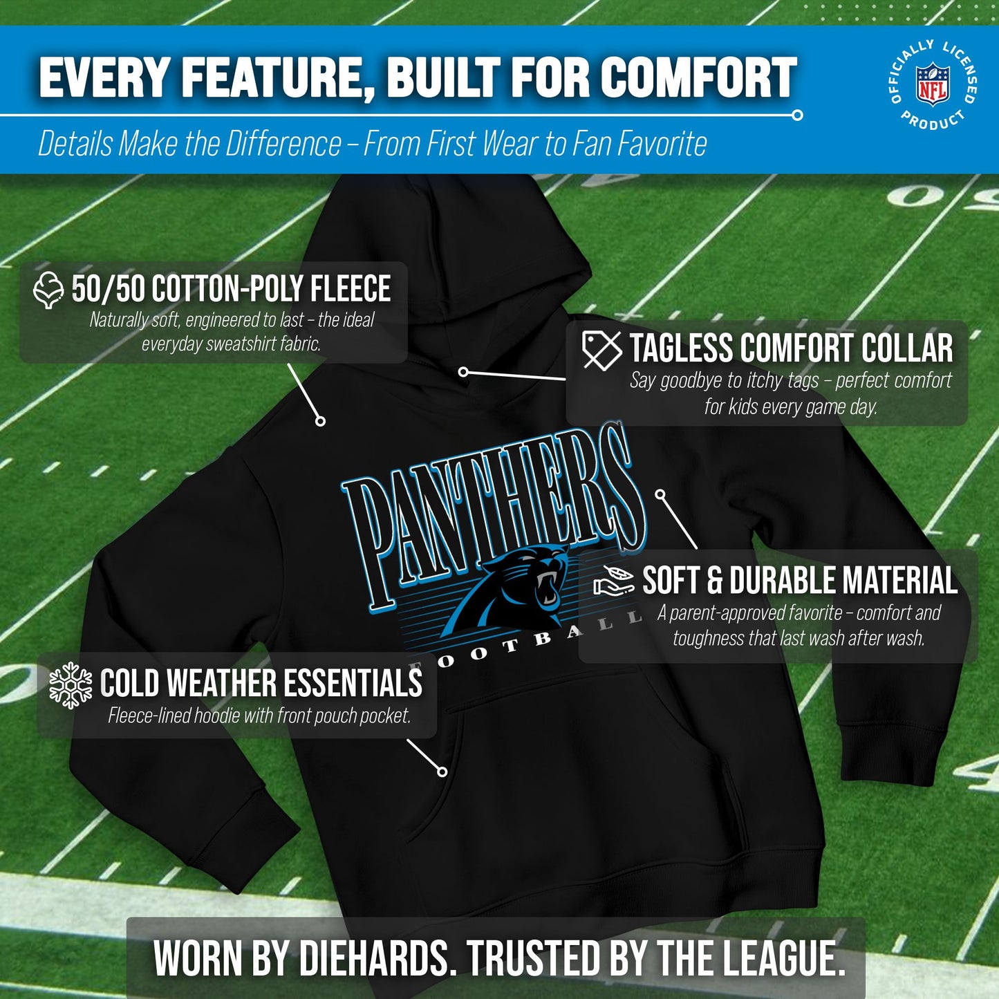 Carolina Panthers NFL Youth Overtime Blueprint Football Fleece Hooded Sweatshirt - Black