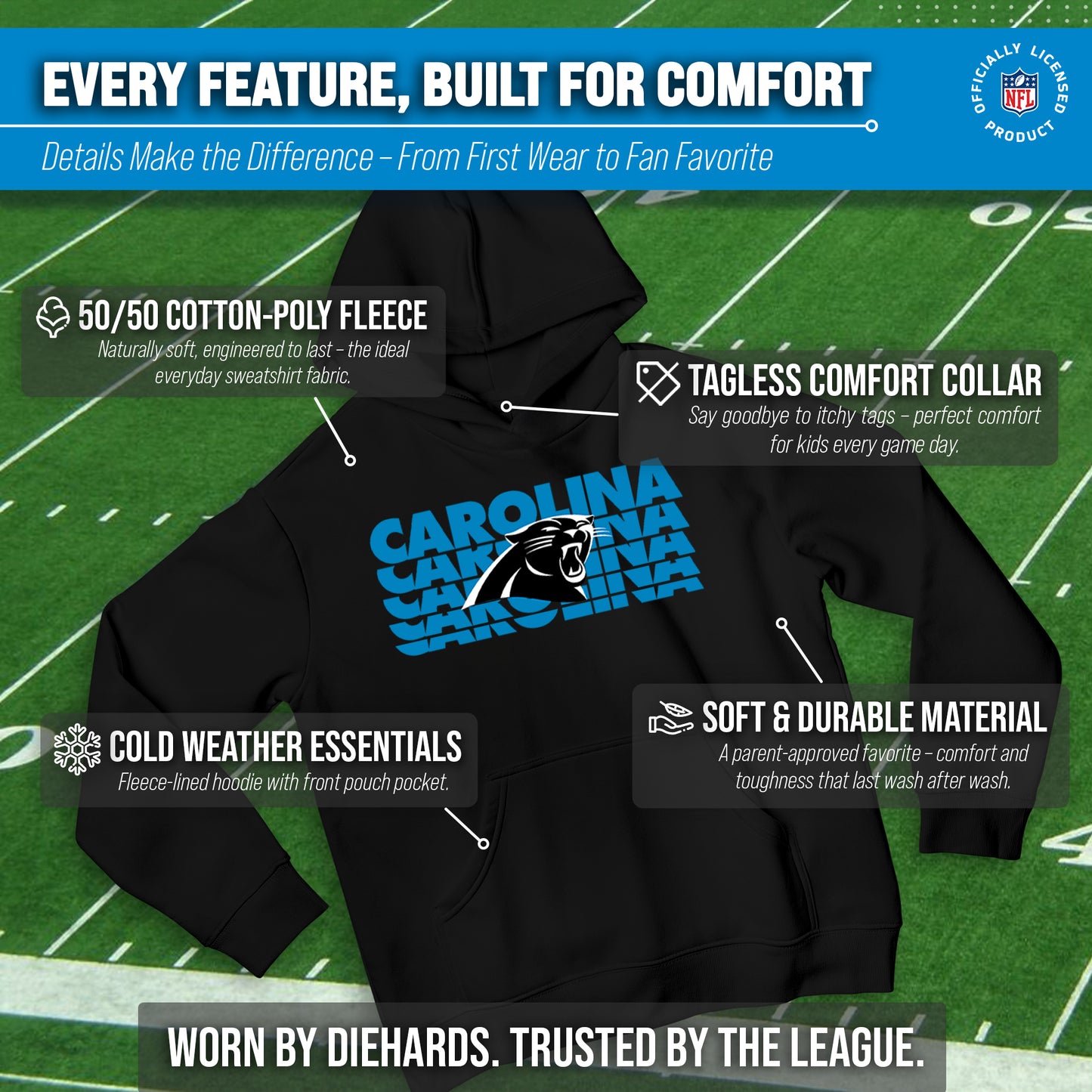 Carolina Panthers NFL Youth Repeating Logo Football Fleece Hooded Sweatshirt - Black