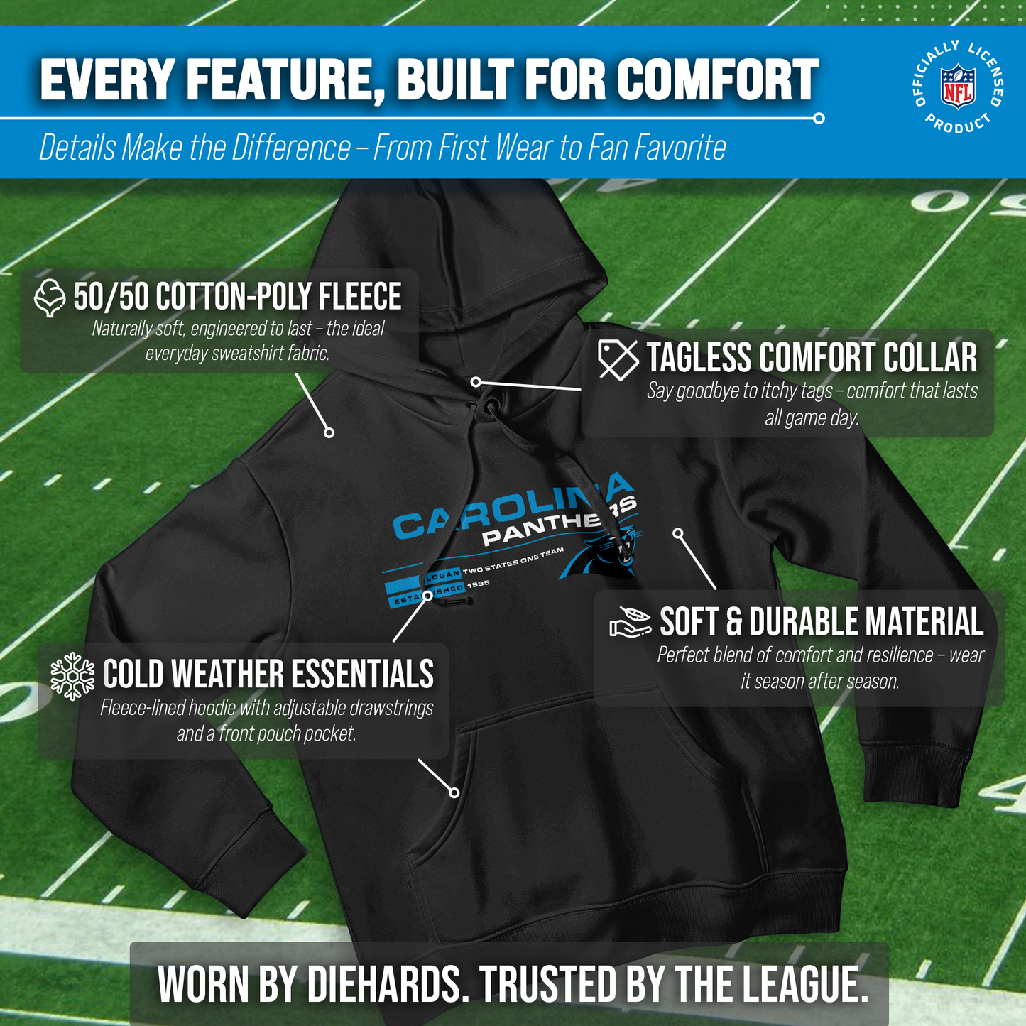 Carolina Panthers Adult NFL Speed Stat Sheet Fleece Hooded Sweatshirt - Black