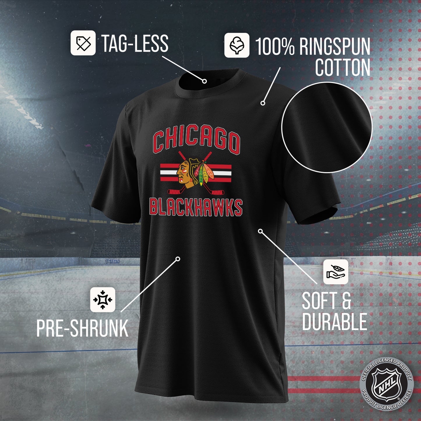 Chicago Blackhawks NHL Adult Faceoff Tag-Less T-Shirt - Black
