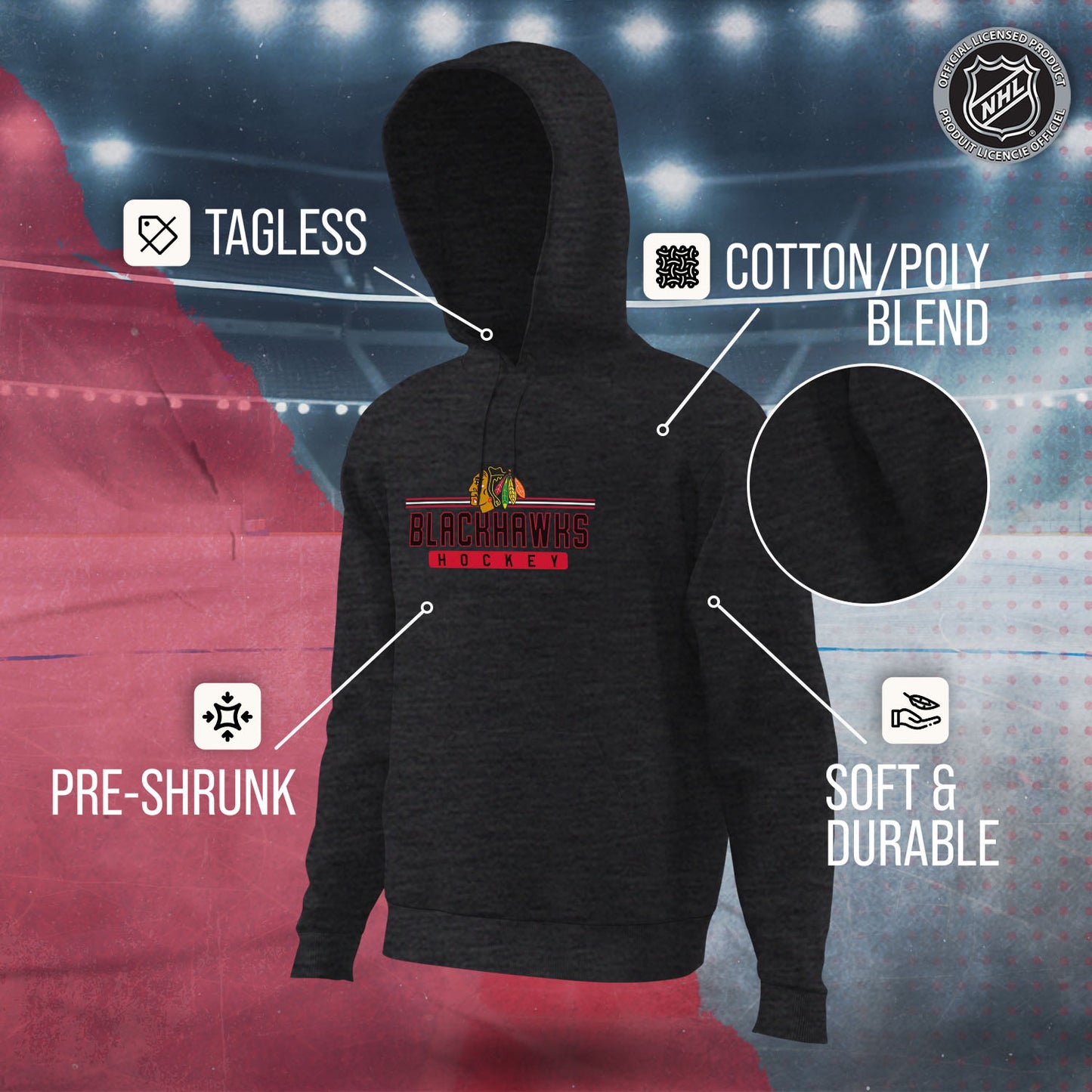 Chicago Blackhawks NHL Adult Heather Charcoal True Fan Hooded Sweatshirt Unisex - Charcoal