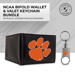 Clemson Tigers University Team Logo Mens Bi Fold Wallet and Unisex Valet Keychain Bundle - Black