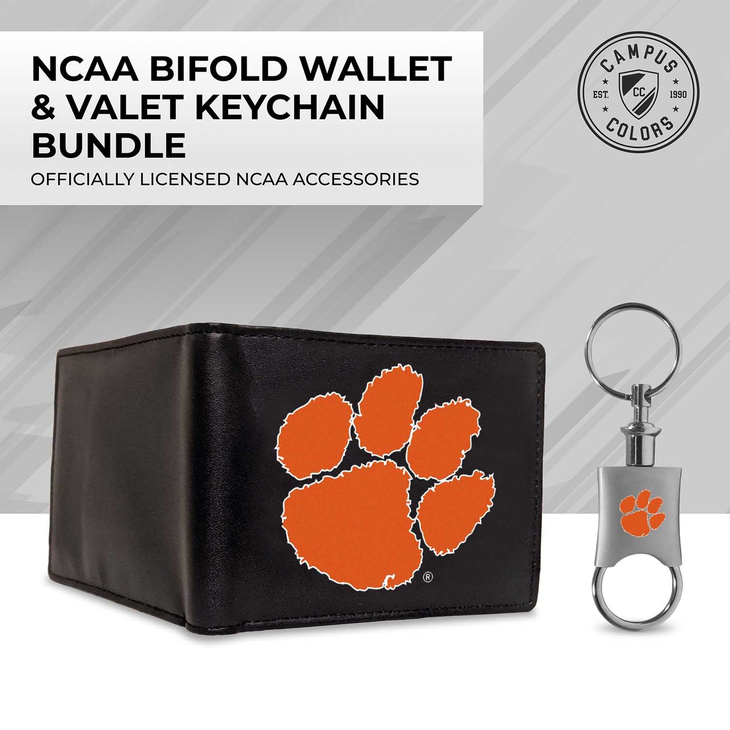Clemson Tigers University Team Logo Mens Bi Fold Wallet and Unisex Valet Keychain Bundle - Black