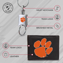Clemson Tigers University Team Logo Mens Bi Fold Wallet and Unisex Valet Keychain Bundle - Black