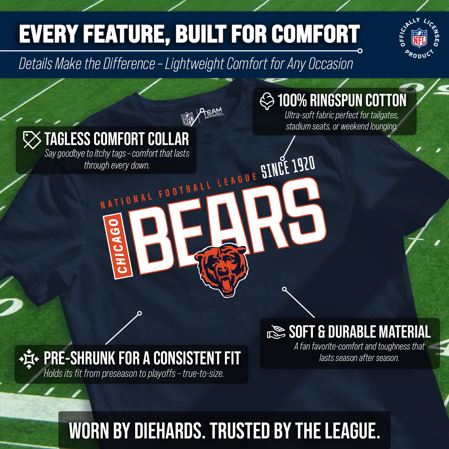 Chicago Bears NFL Adult Modern Endzone Tag-Less T-Shirt - Navy