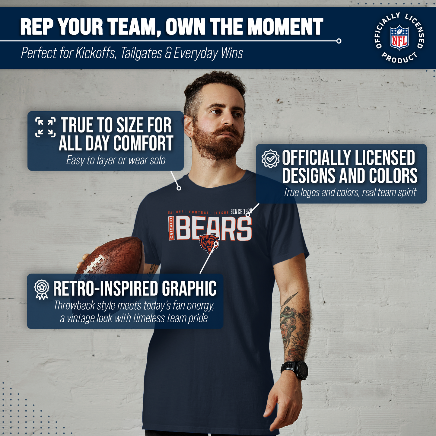 Chicago Bears NFL Adult Modern Endzone Tag-Less T-Shirt - Navy