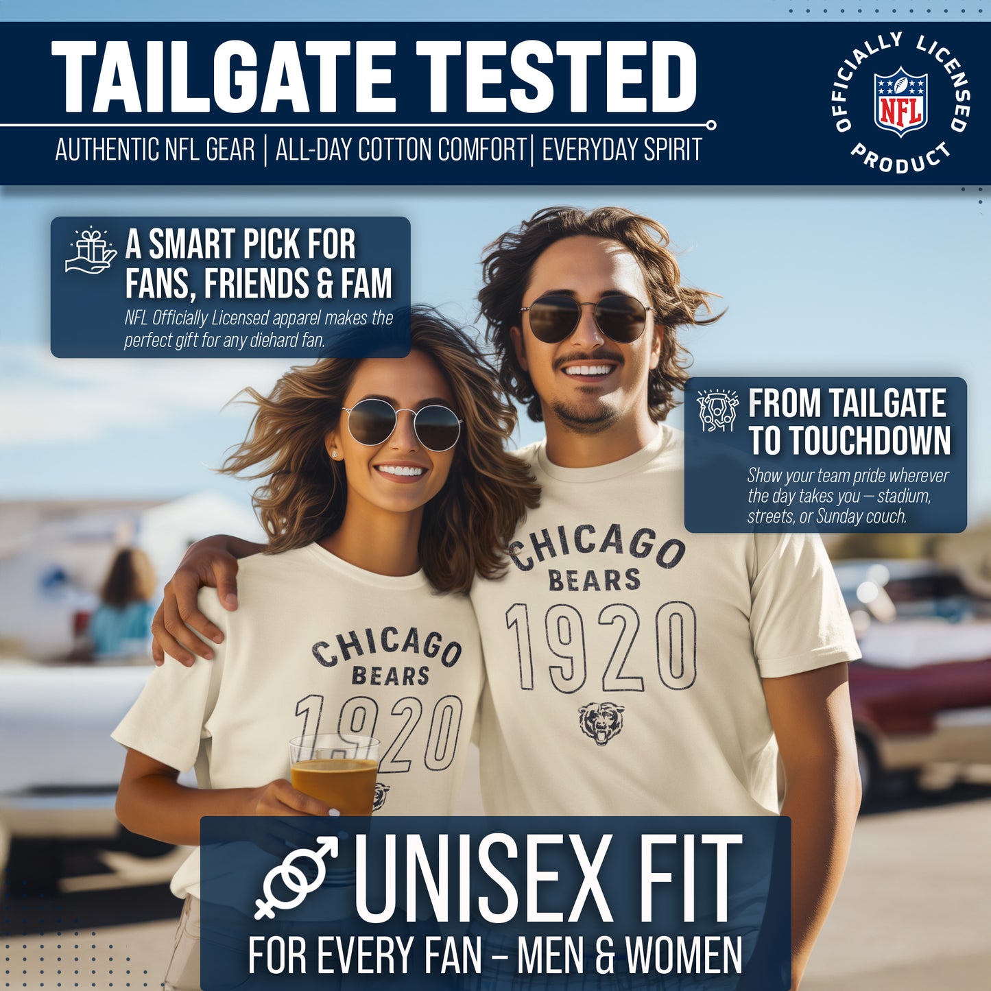 Chicago Bears NFL Adult Big Date Tag-Less T-Shirt - Natural