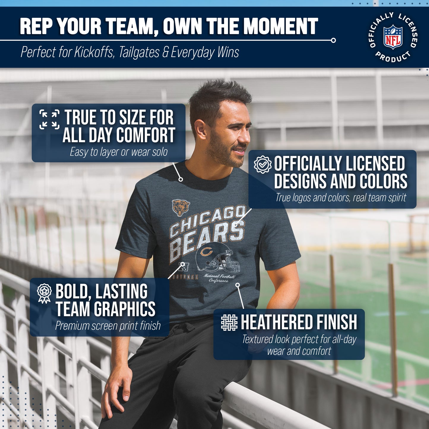 Chicago Bears NFL Adult Distressed Helmet Tag-Less T-Shirt - Navy Heather