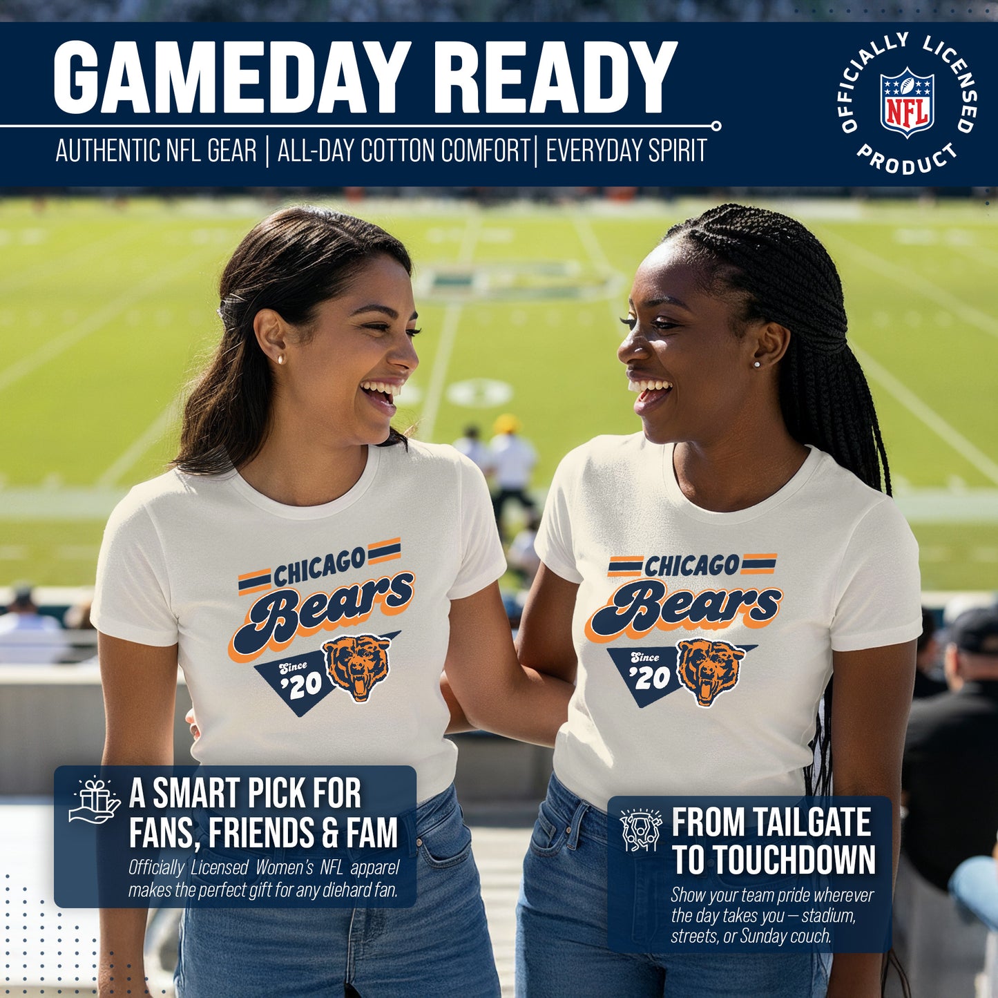 Chicago Bears NFL Womens Vintage Charm Tag-Less Soft T-Shirt - Birch