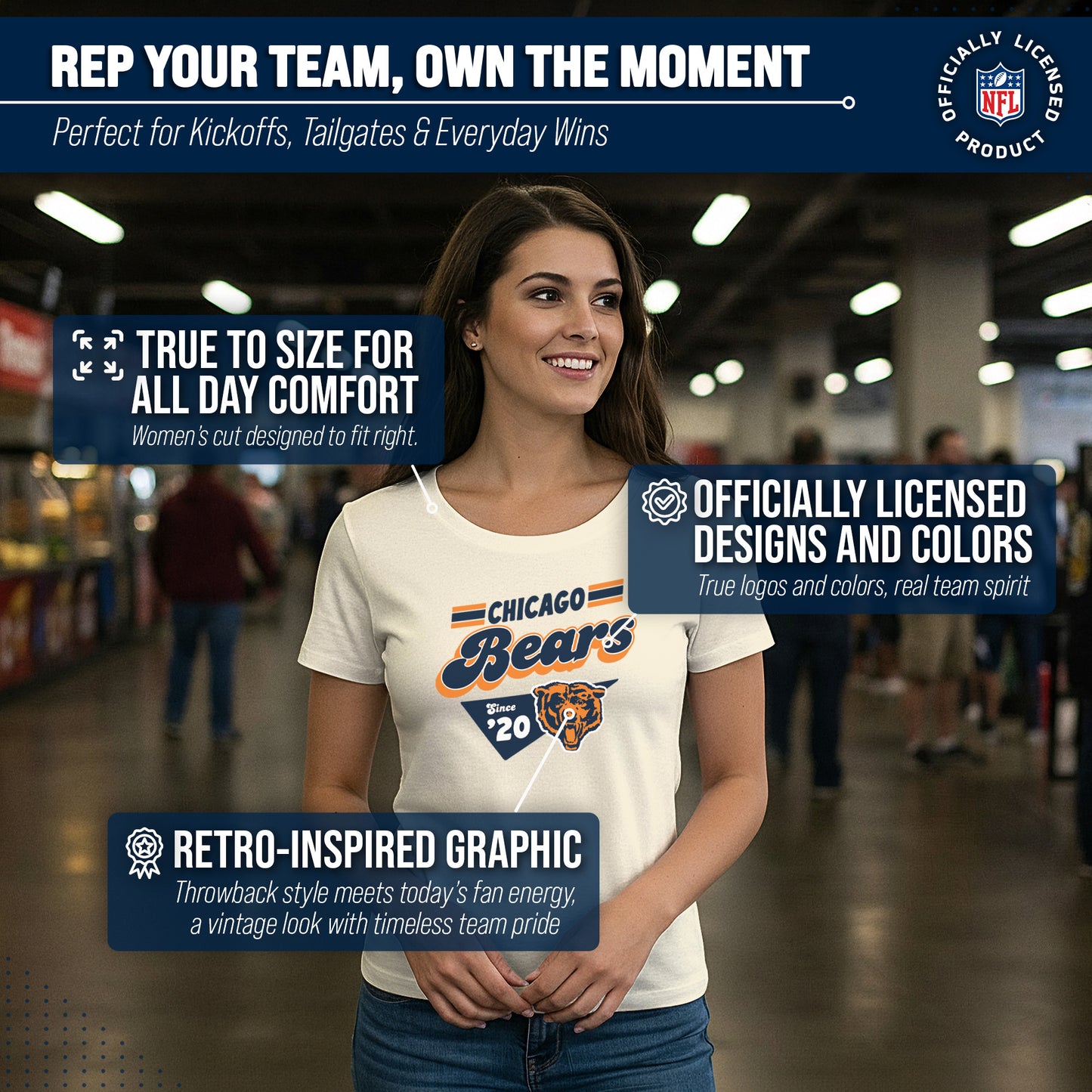 Chicago Bears NFL Womens Vintage Charm Tag-Less Soft T-Shirt - Birch