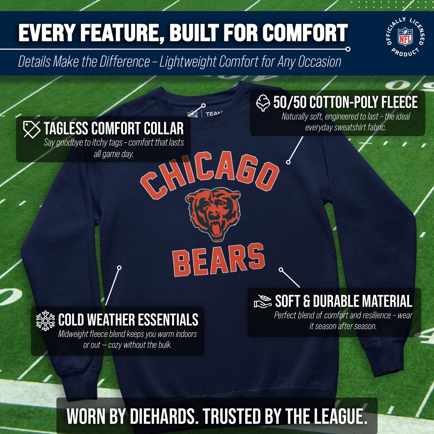Chicago Bears NFL Adult Gameday Football Crewneck Sweatshirt - Navy