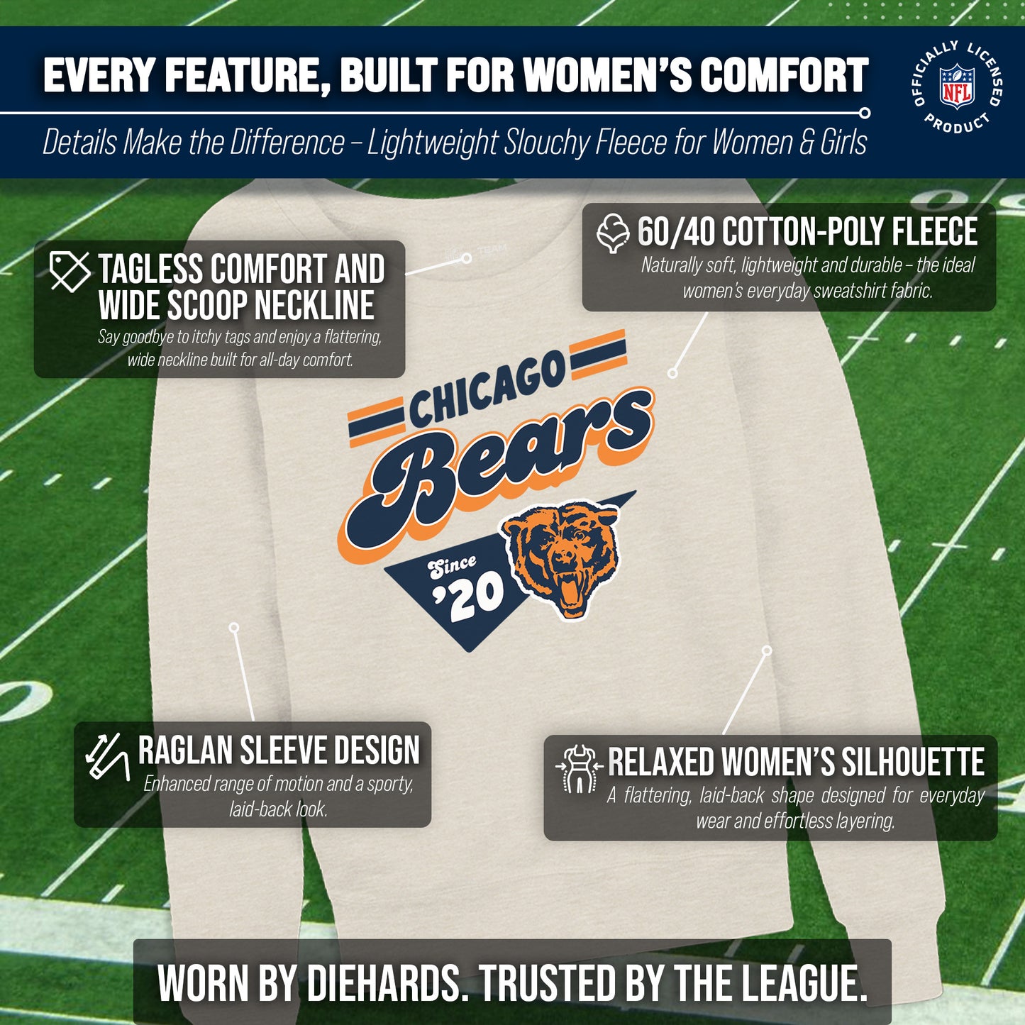 Chicago Bears NFL Womens Vintage Charm Slouchy Crewneck - Birch