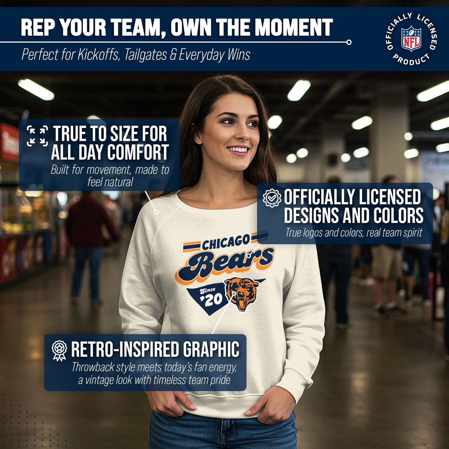 Chicago Bears NFL Womens Vintage Charm Slouchy Crewneck - Birch