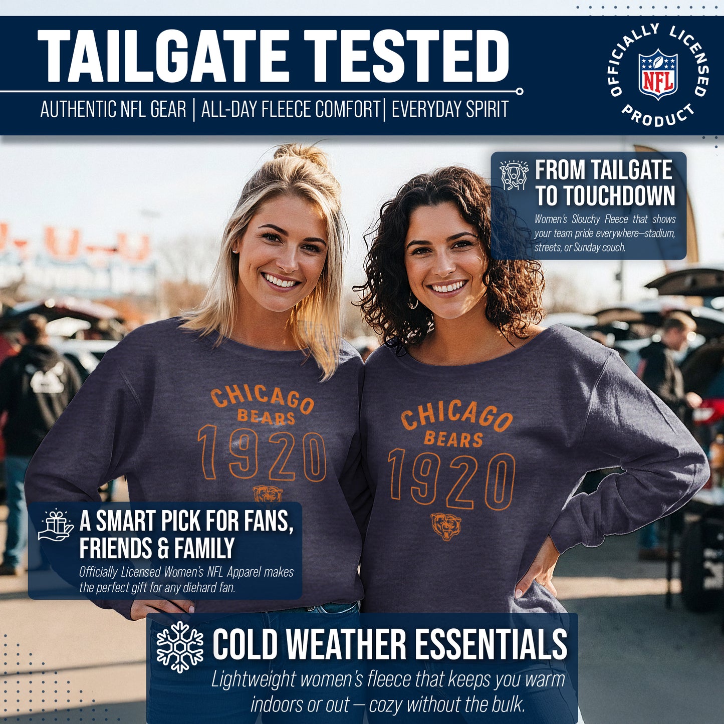 Chicago Bears NFL Womens Big Date Slouchy Crewneck - Navy Heather