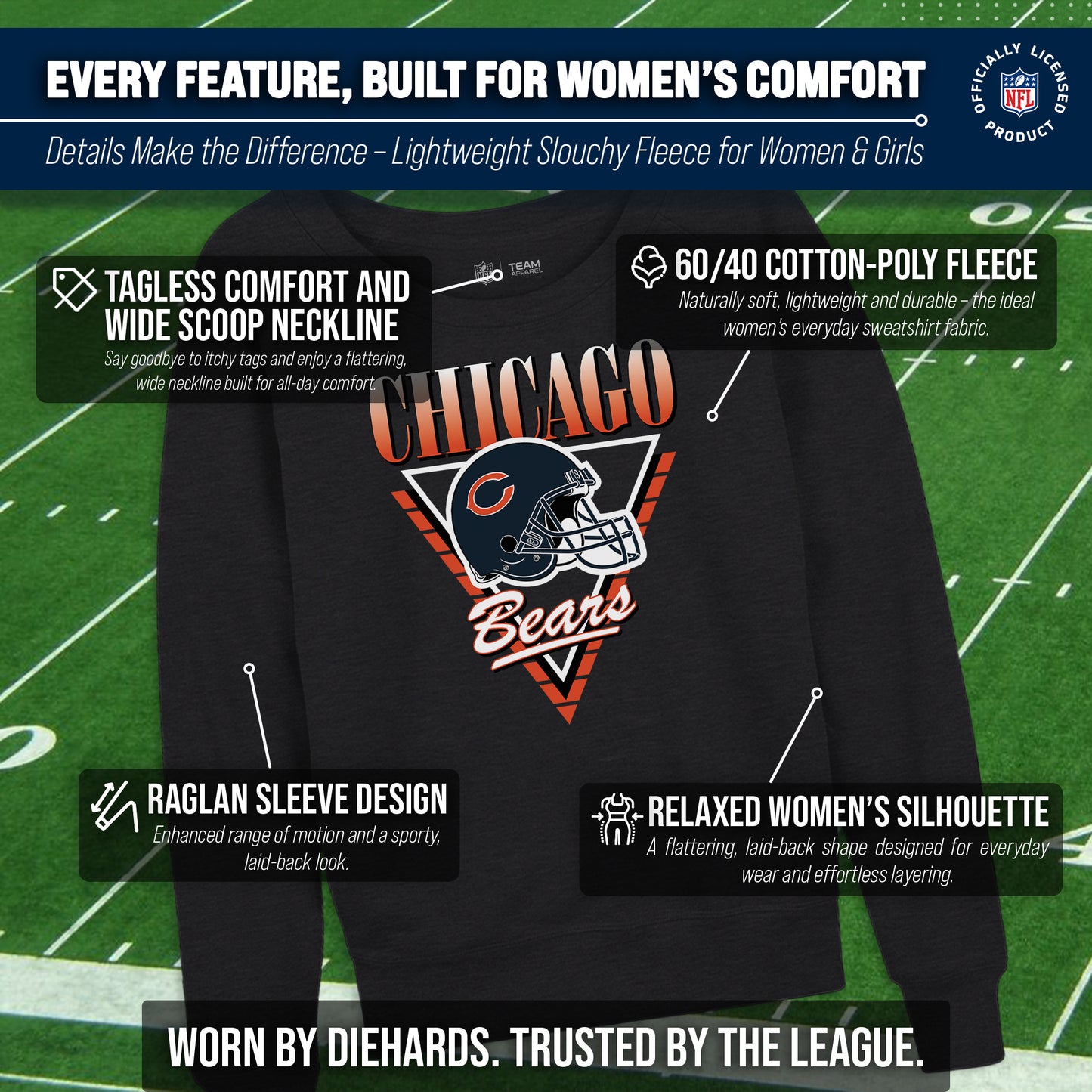 Chicago Bears NFL Womens Retro Triangle Slouchy Crewneck - Heather Charcoal
