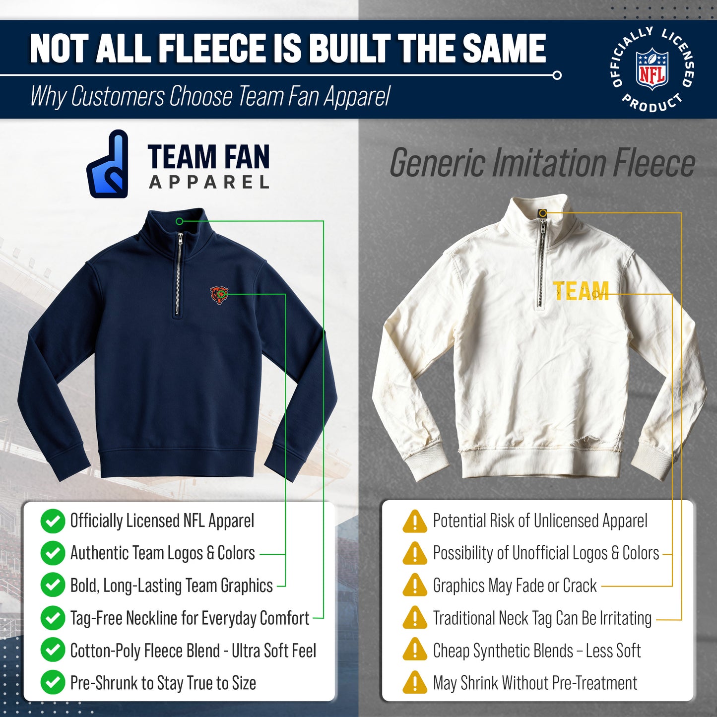 Chicago Bears NFL Adult Unisex Team Logo Quarter Zip Pullover Sweatshirt - Navy