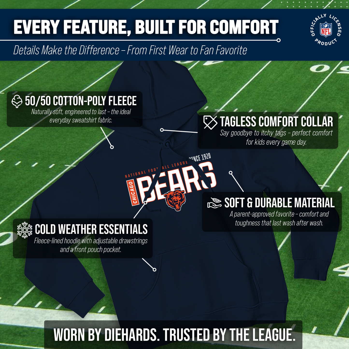 Chicago Bears NFL Adult Unisex Modern Endzone Soft Fleece Hooded Sweatshirt - Navy