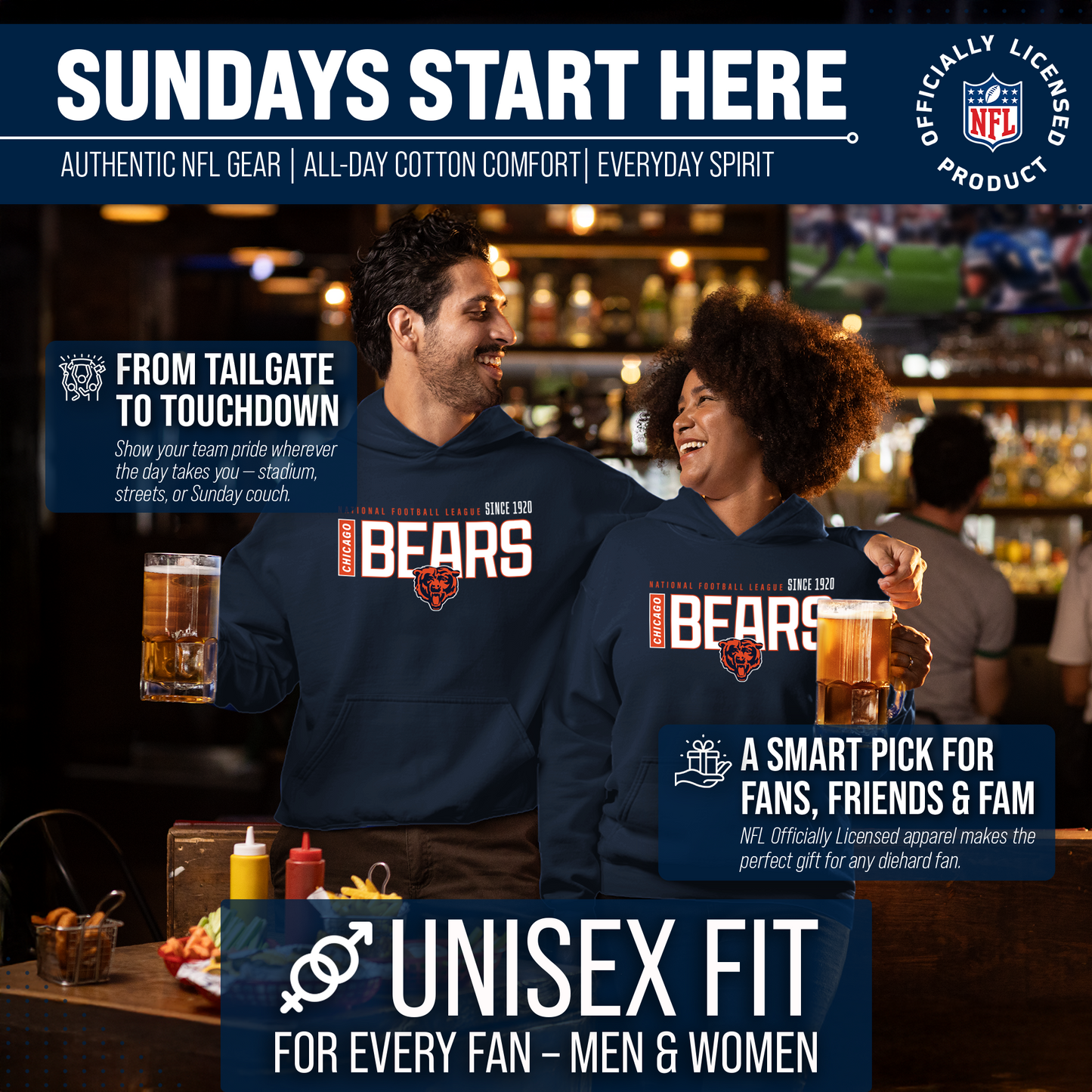 Chicago Bears NFL Adult Unisex Modern Endzone Soft Fleece Hooded Sweatshirt - Navy