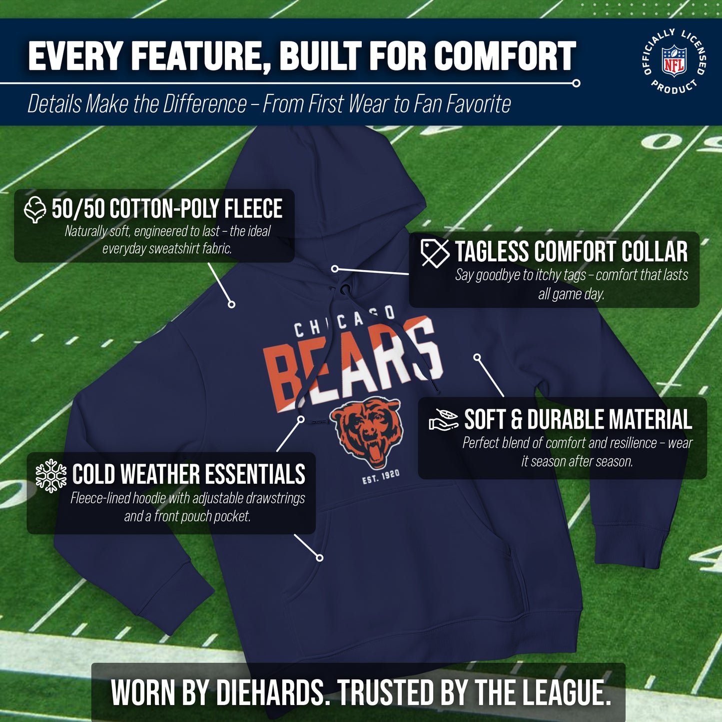 Chicago Bears Adult NFL Diagonal Fade Fleece Hooded Sweatshirt - Navy