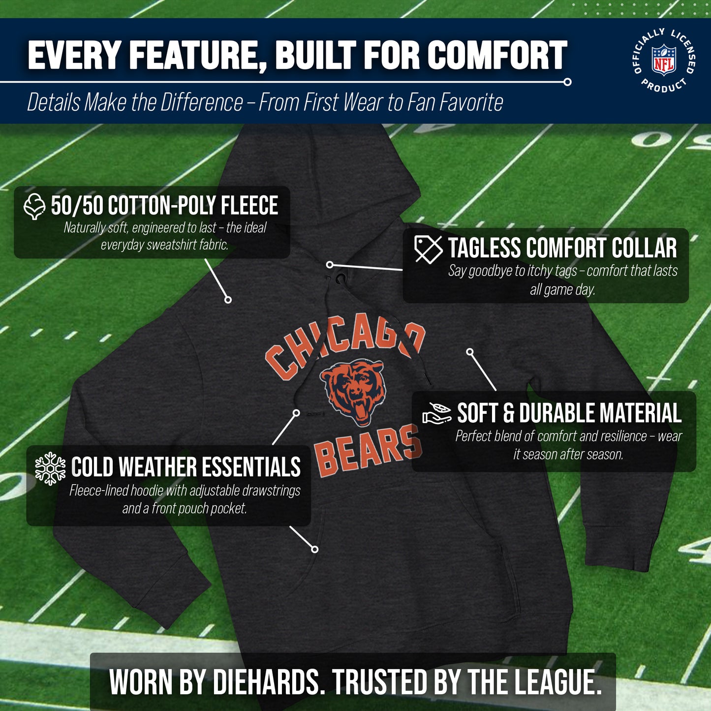 Chicago Bears NFL Adult Gameday Hooded Sweatshirt - Heathered Charcoal