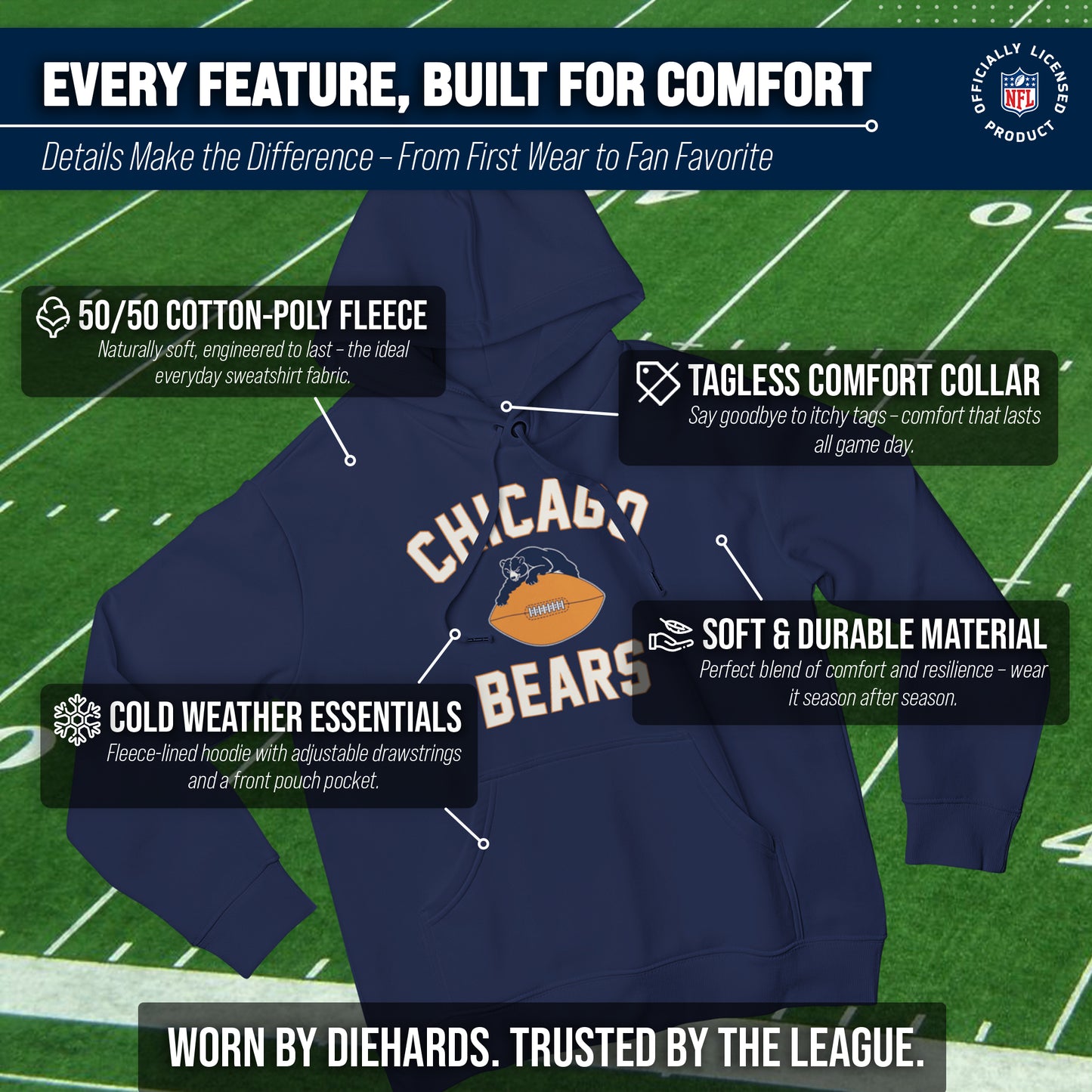 Chicago Bears NFL Adult Unisex Retro Gameday Ultra Soft Fleece Hooded Sweatshirt - Navy