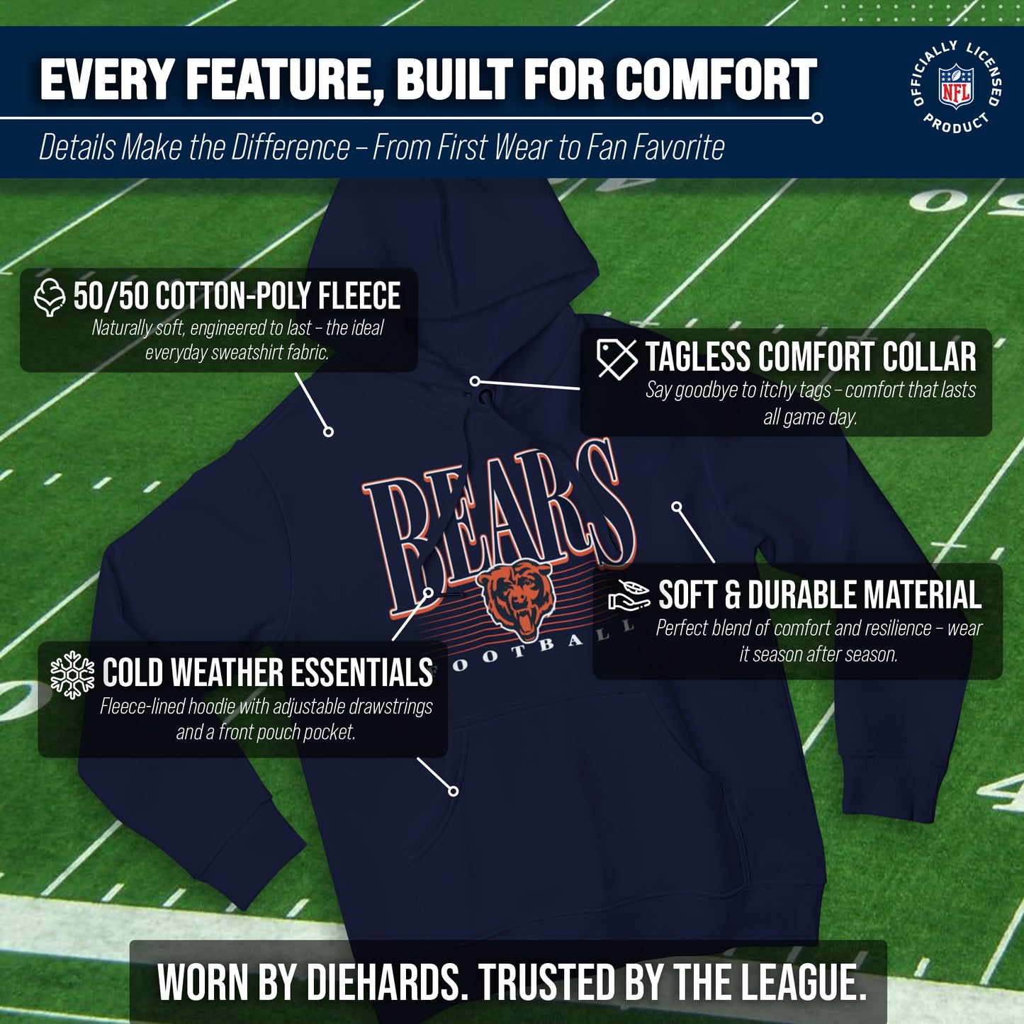 Chicago Bears NFL Adult Unisex Overtime Blueprint Soft Fleece Hooded Sweatshirt - Navy
