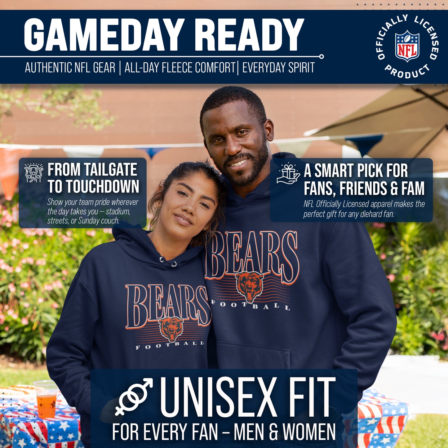 Chicago Bears NFL Adult Unisex Overtime Blueprint Soft Fleece Hooded Sweatshirt - Navy