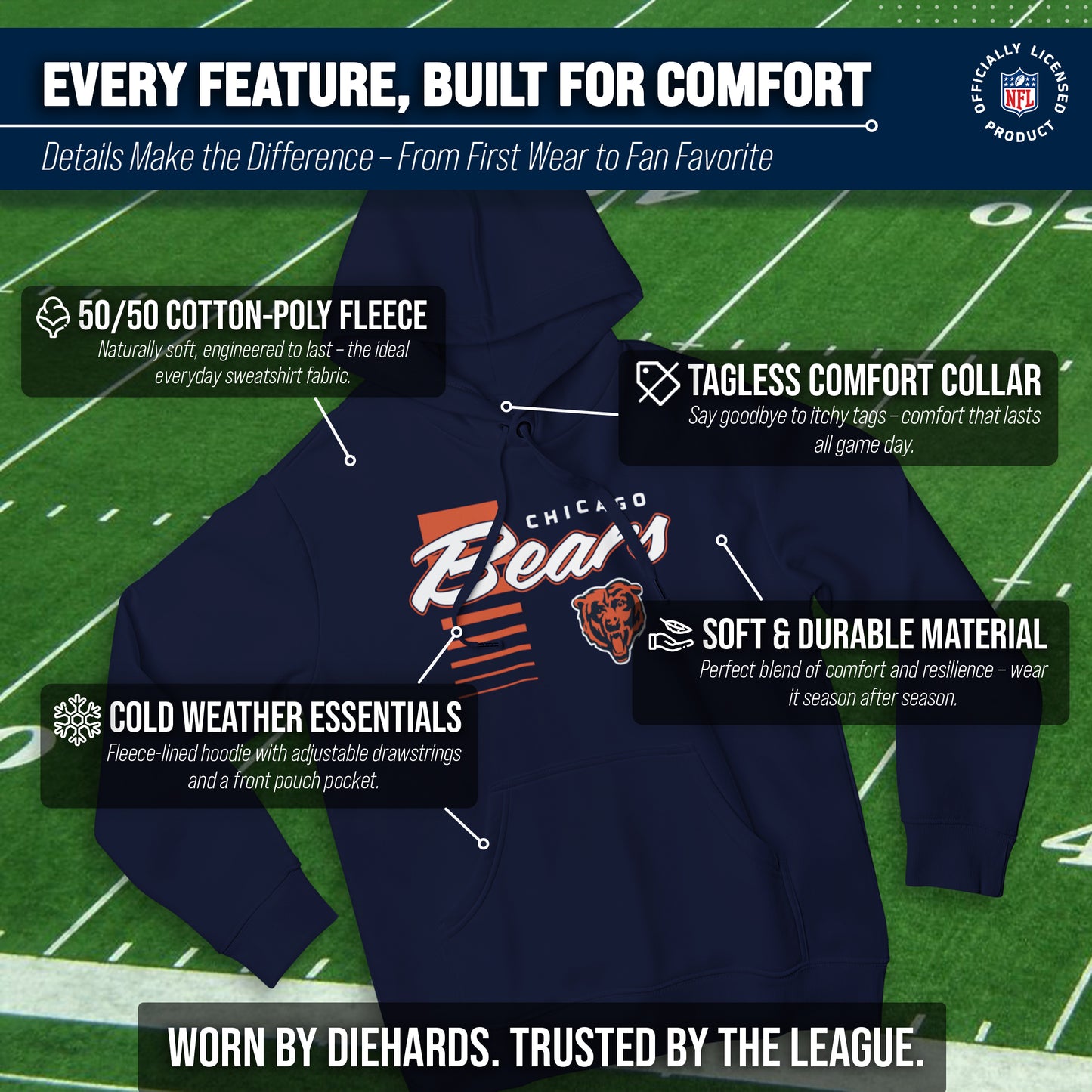 Chicago Bears NFL Adult Unisex Retro Script Ultra Soft Fleece Hooded Sweatshirt - Navy