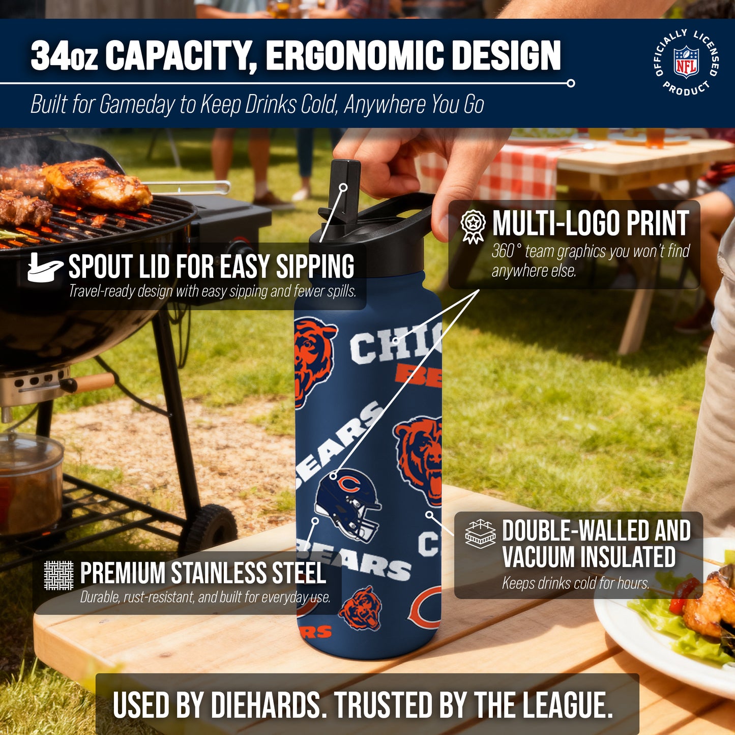 Chicago Bears NFL 34oz Quencher Stainless Steel Insulated Water Bottle - Navy