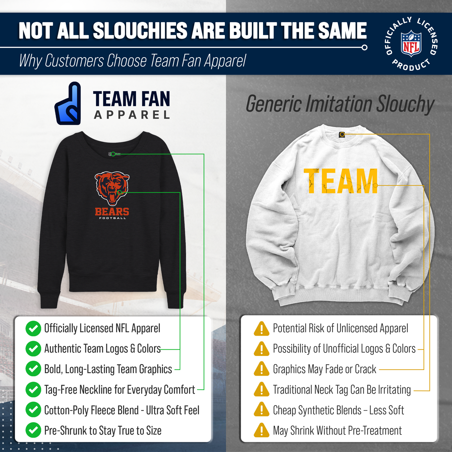 Chicago Bears Women's NFL Ultimate Fan Logo Slouchy Crewneck -Tagless Fleece Lightweight Pullover - Charcoal