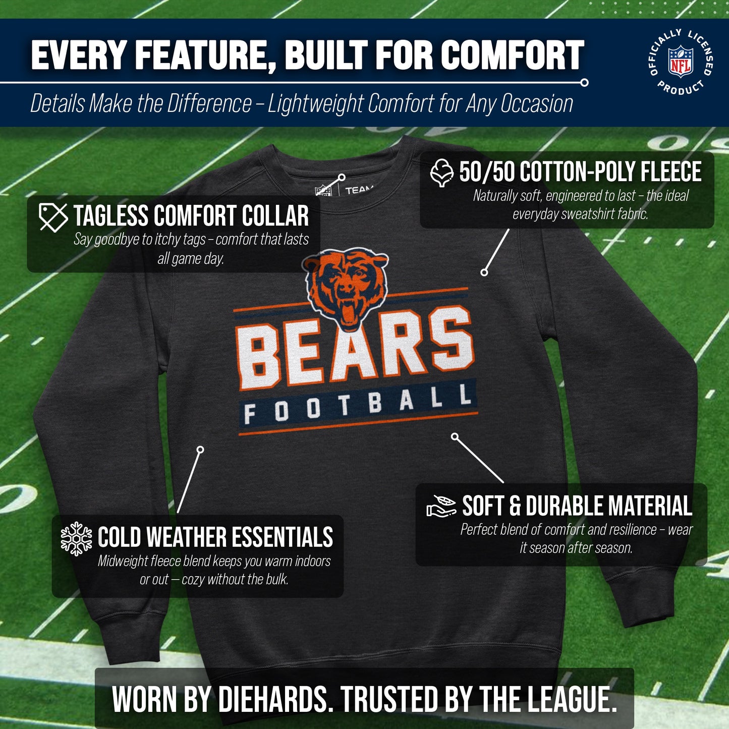 Chicago Bears NFL Adult True Fan Crewneck Sweatshirt - Charcoal