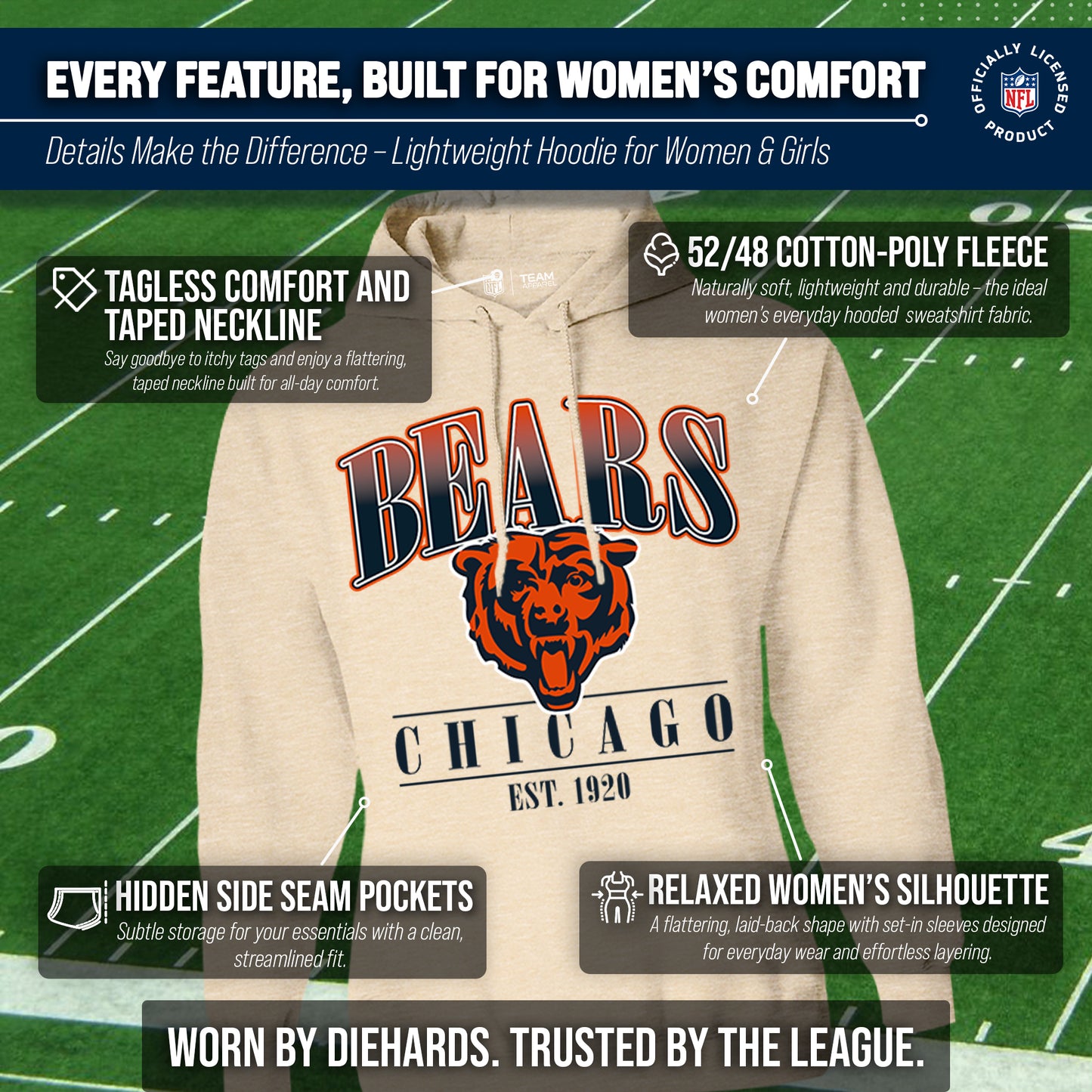 Chicago Bears Ladies NFL Starstruck Fleece Pullover Hooded Sweatshirt - Cream