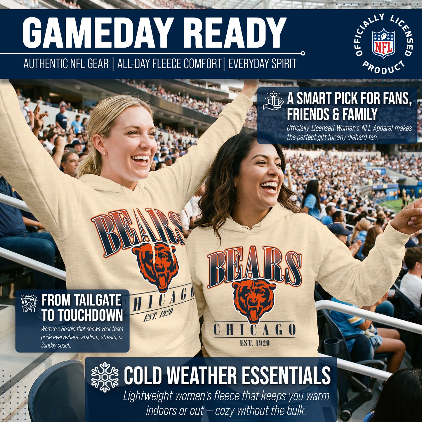 Chicago Bears Ladies NFL Starstruck Fleece Pullover Hooded Sweatshirt - Cream