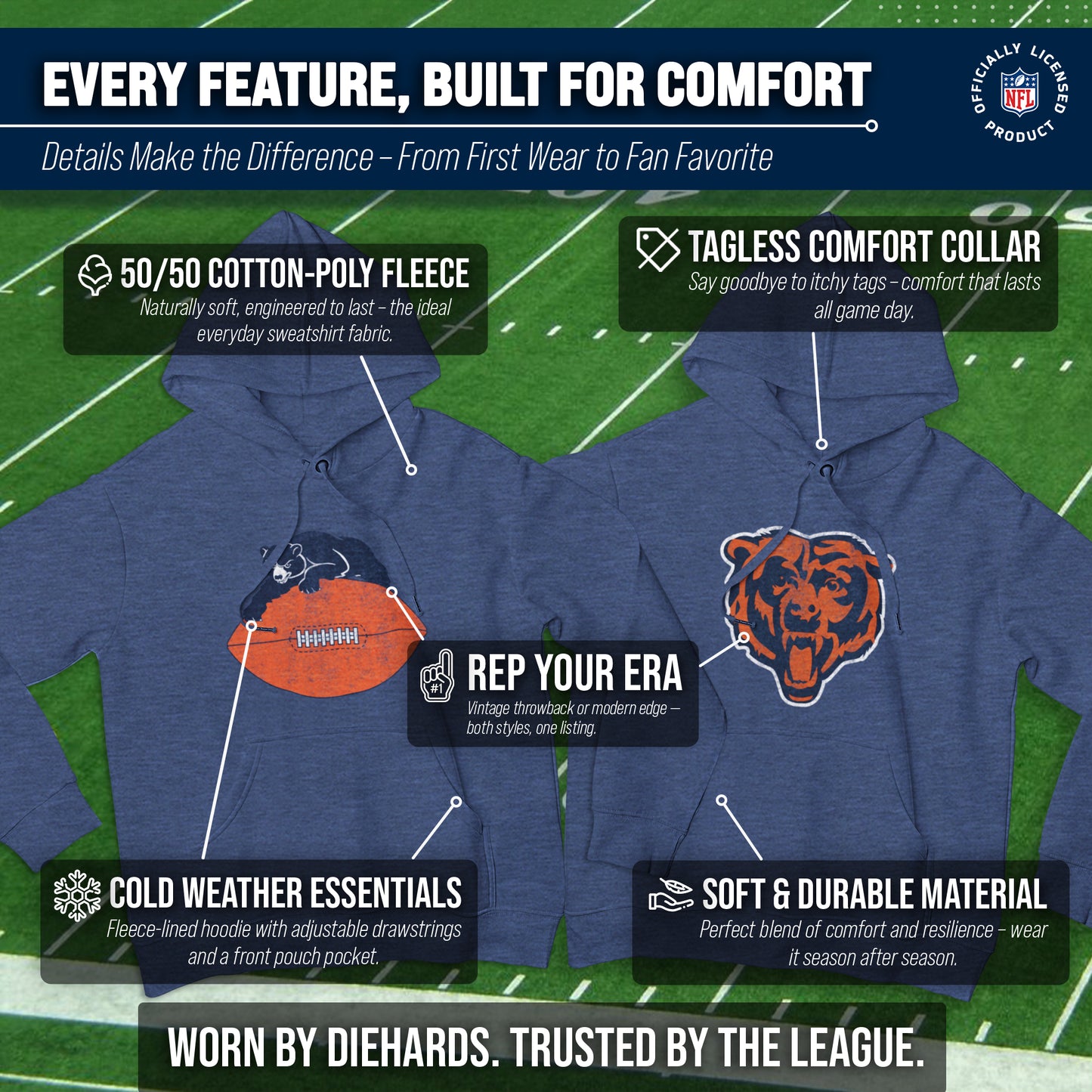 Chicago Bears NFL Adult Unisex Modern Throwback Ultra Soft Fleece Hooded Sweatshirt - Navy