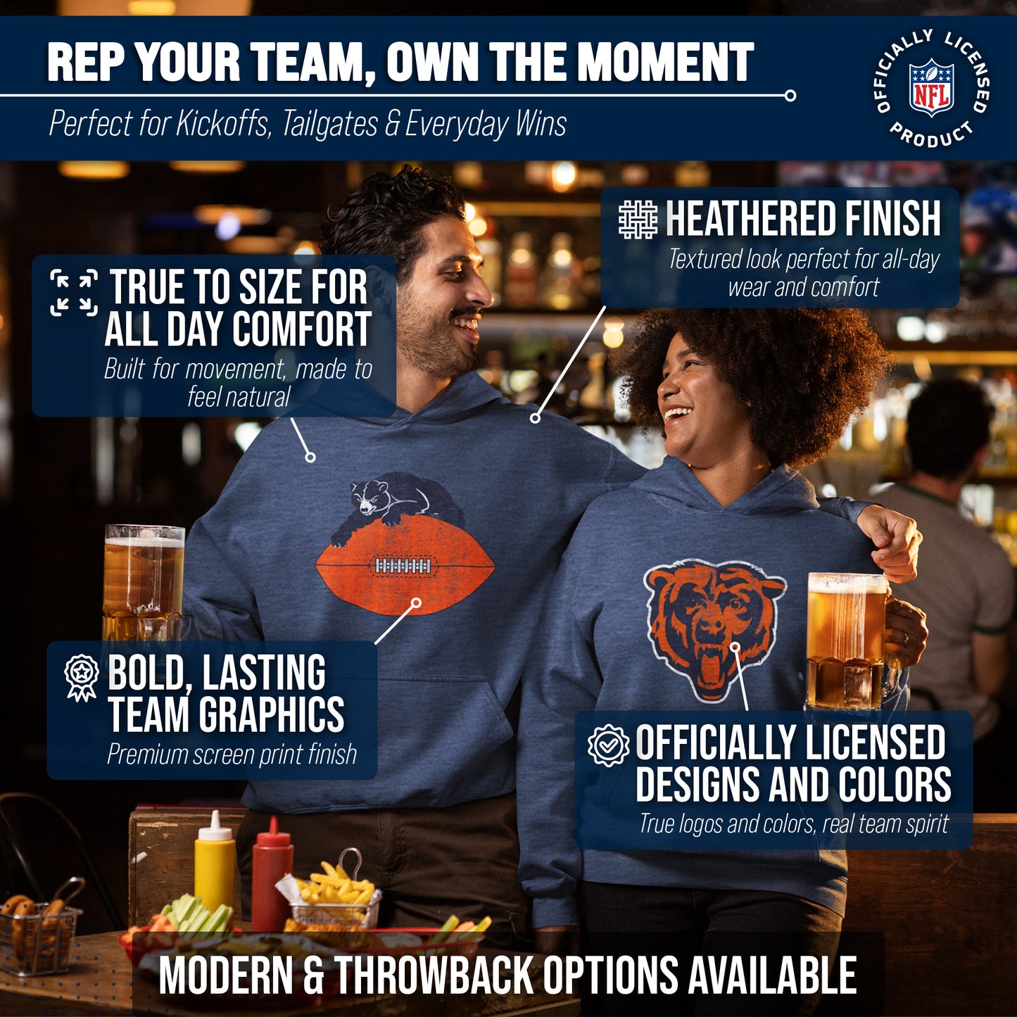 Chicago Bears NFL Adult Unisex Modern Throwback Ultra Soft Fleece Hooded Sweatshirt - Indigo/Navy