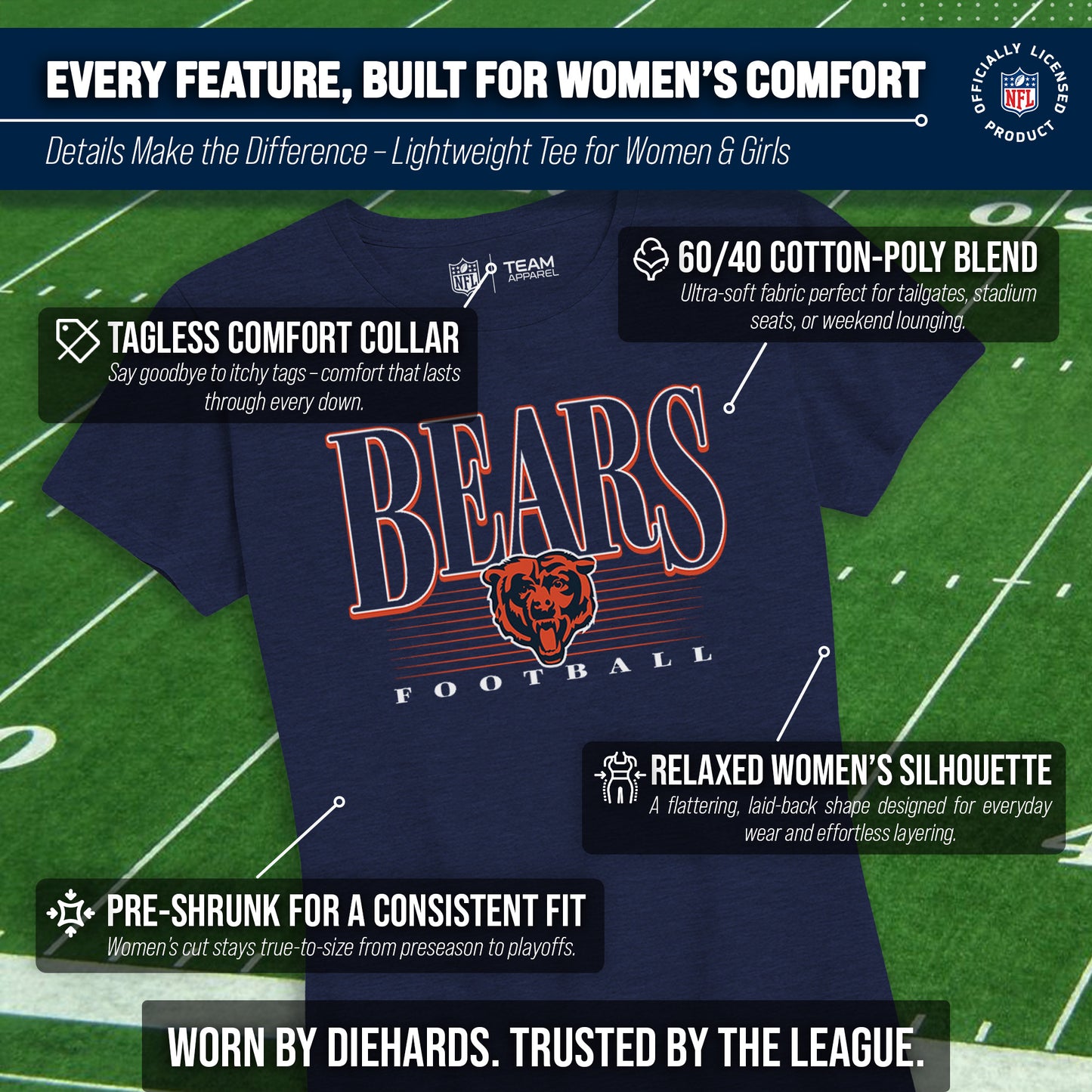 Chicago Bears NFL Womens Overtime Blueprint Tag-Less T-Shirt - Navy