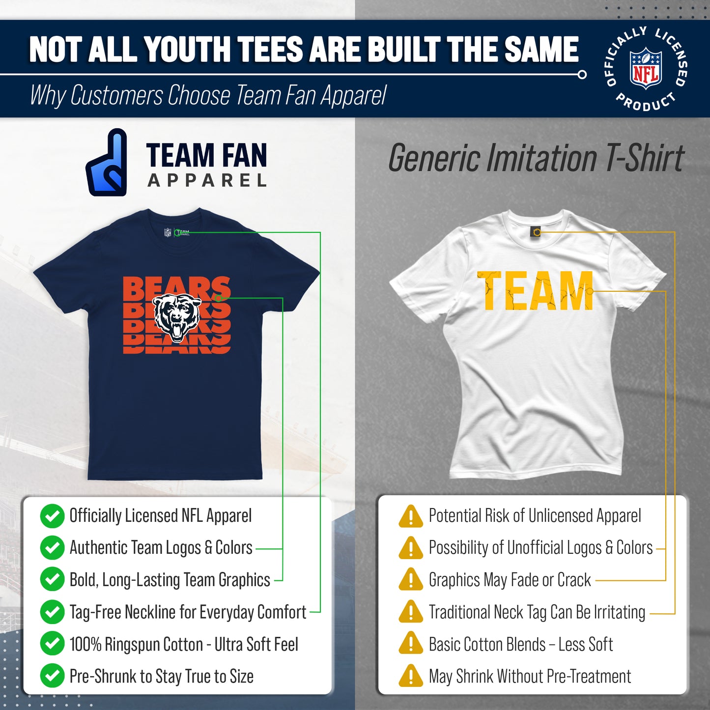 Chicago Bears NFL Youth Repeating Logo Football T-Shirt Unisex Tag Free Comfortable - Navy