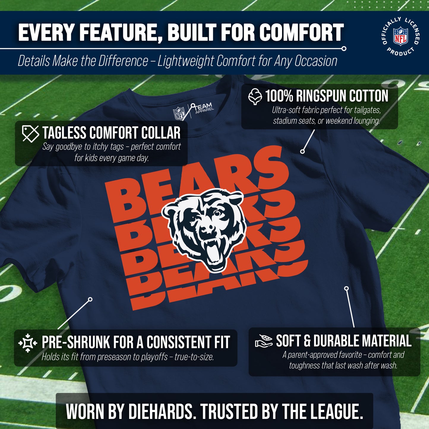 Chicago Bears NFL Youth Repeating Logo Football T-Shirt Unisex Tag Free Comfortable - Navy