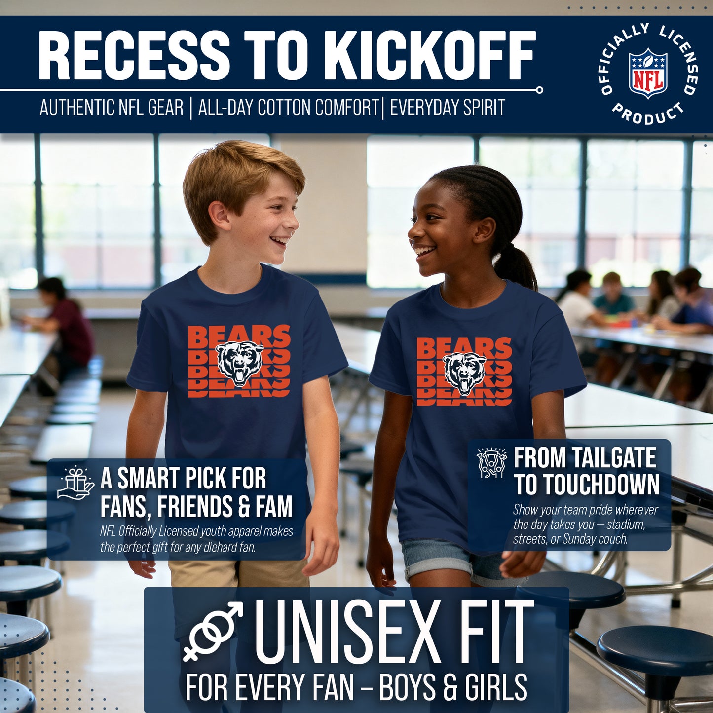 Chicago Bears NFL Youth Repeating Logo Football T-Shirt Unisex Tag Free Comfortable - Navy