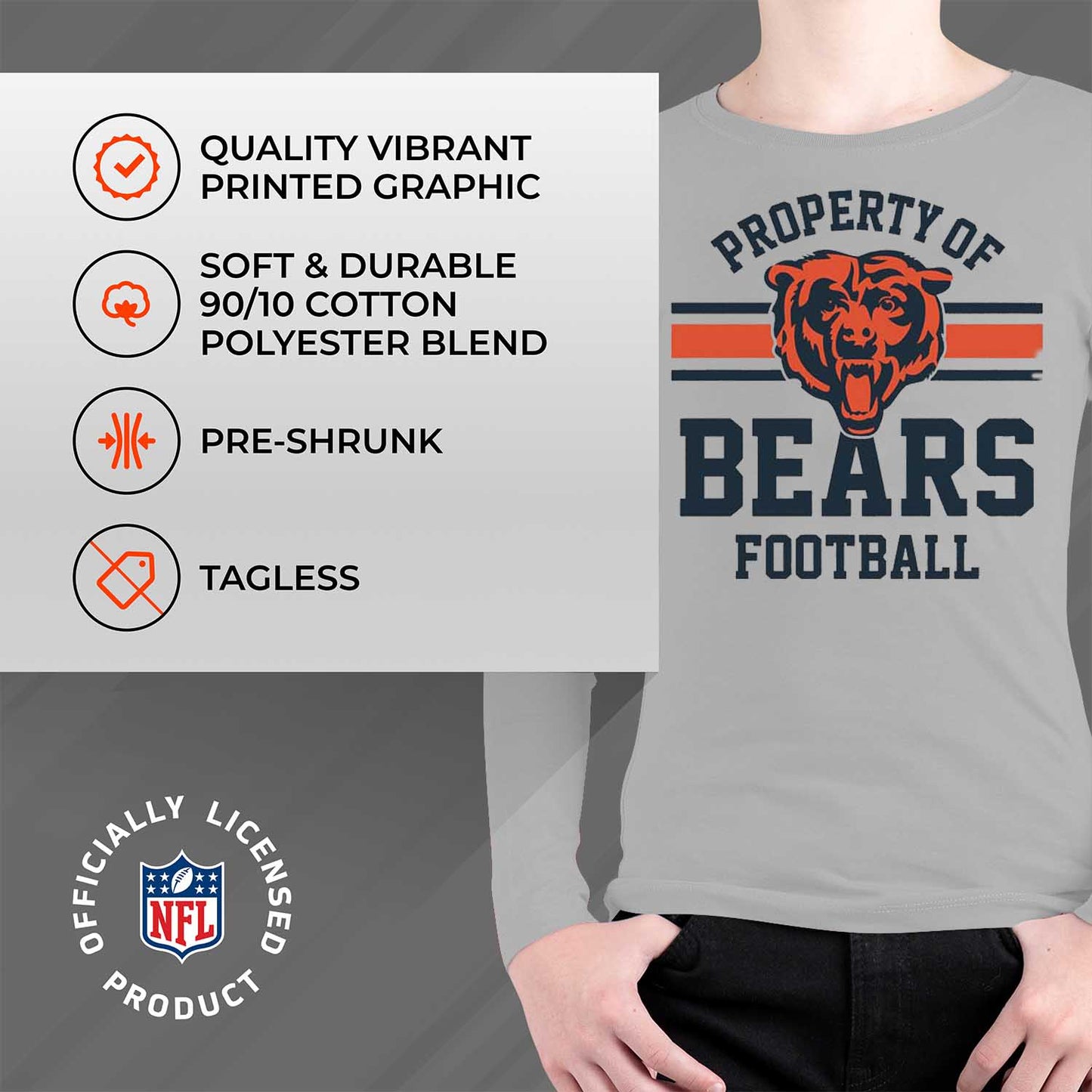 Chicago Bears NFL Youth Property Of Long Sleeve Lightweight T Shirt - Sport Gray