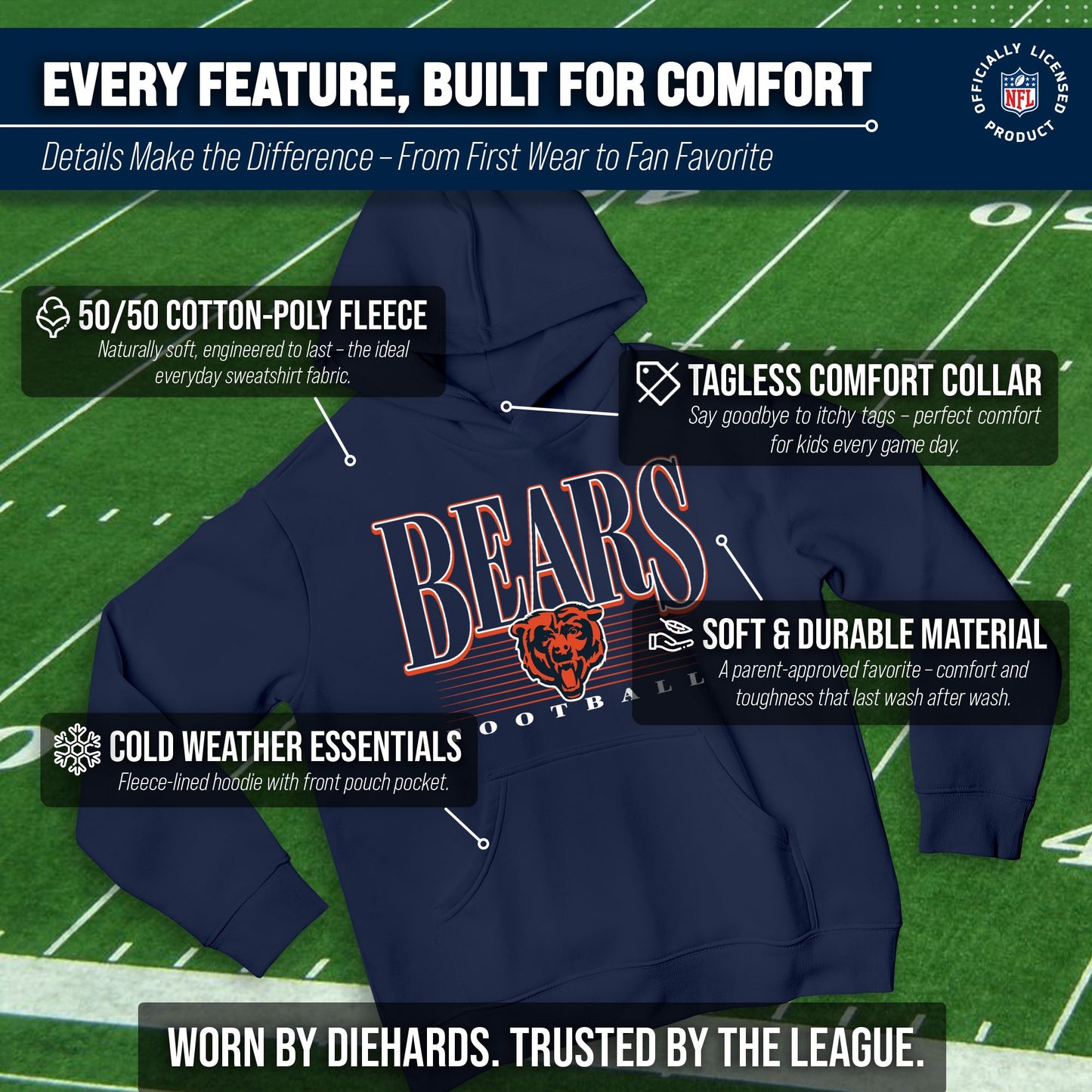Chicago Bears NFL Youth Overtime Blueprint Football Fleece Hooded Sweatshirt - Navy