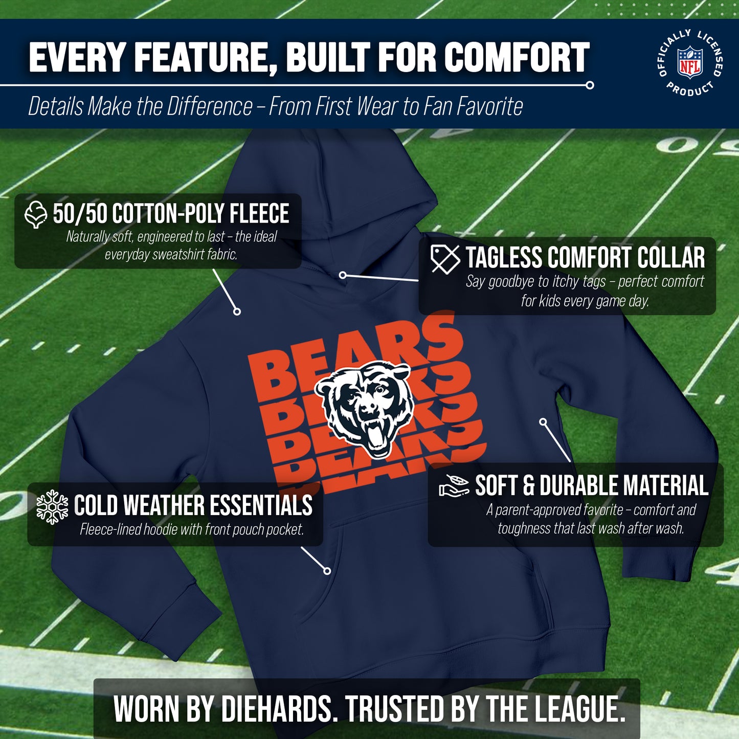 Chicago Bears NFL Youth Repeating Logo Football Fleece Hooded Sweatshirt - Navy