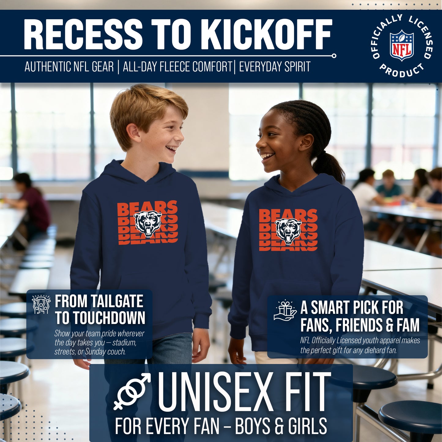 Chicago Bears NFL Youth Repeating Logo Football Fleece Hooded Sweatshirt - Navy