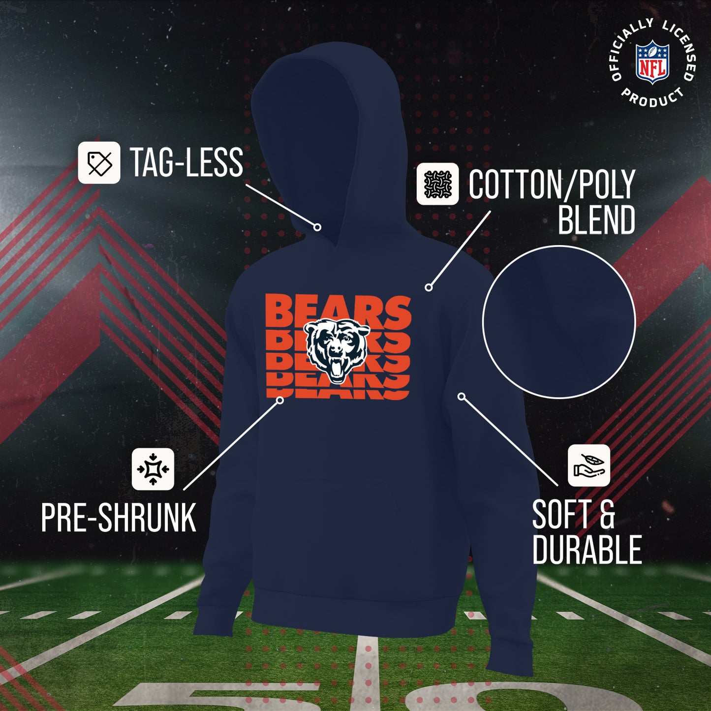 Chicago Bears NFL Youth Repeating Logo Football Fleece Hooded Sweatshirt - Navy
