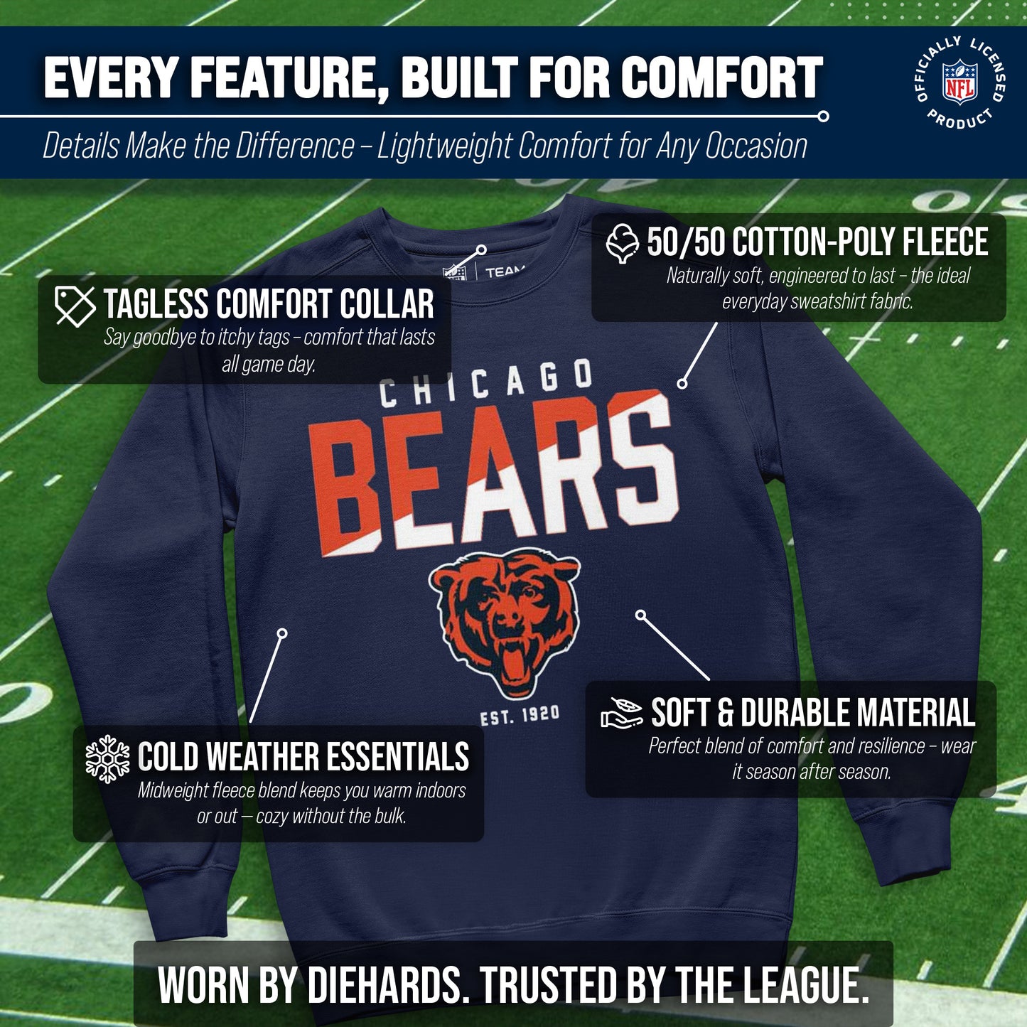 Chicago Bears Adult NFL Diagonal Fade Color Block Crewneck Sweatshirt - Navy