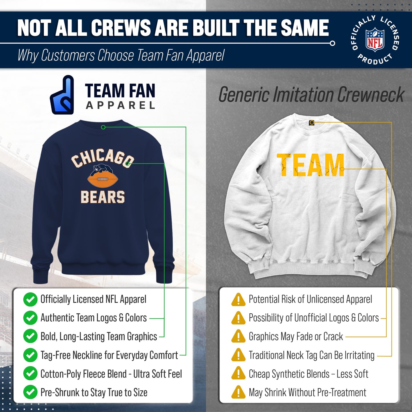 Chicago Bears NFL Adult Unisex Retro Gameday Ultra Soft Fleece Crewneck Sweatshirt - Navy