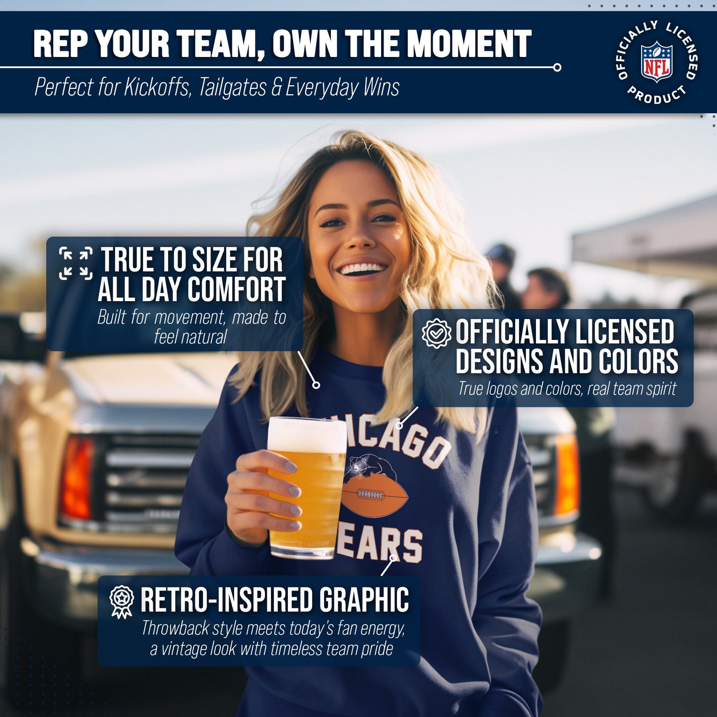 Chicago Bears NFL Adult Unisex Retro Gameday Ultra Soft Fleece Crewneck Sweatshirt - Navy