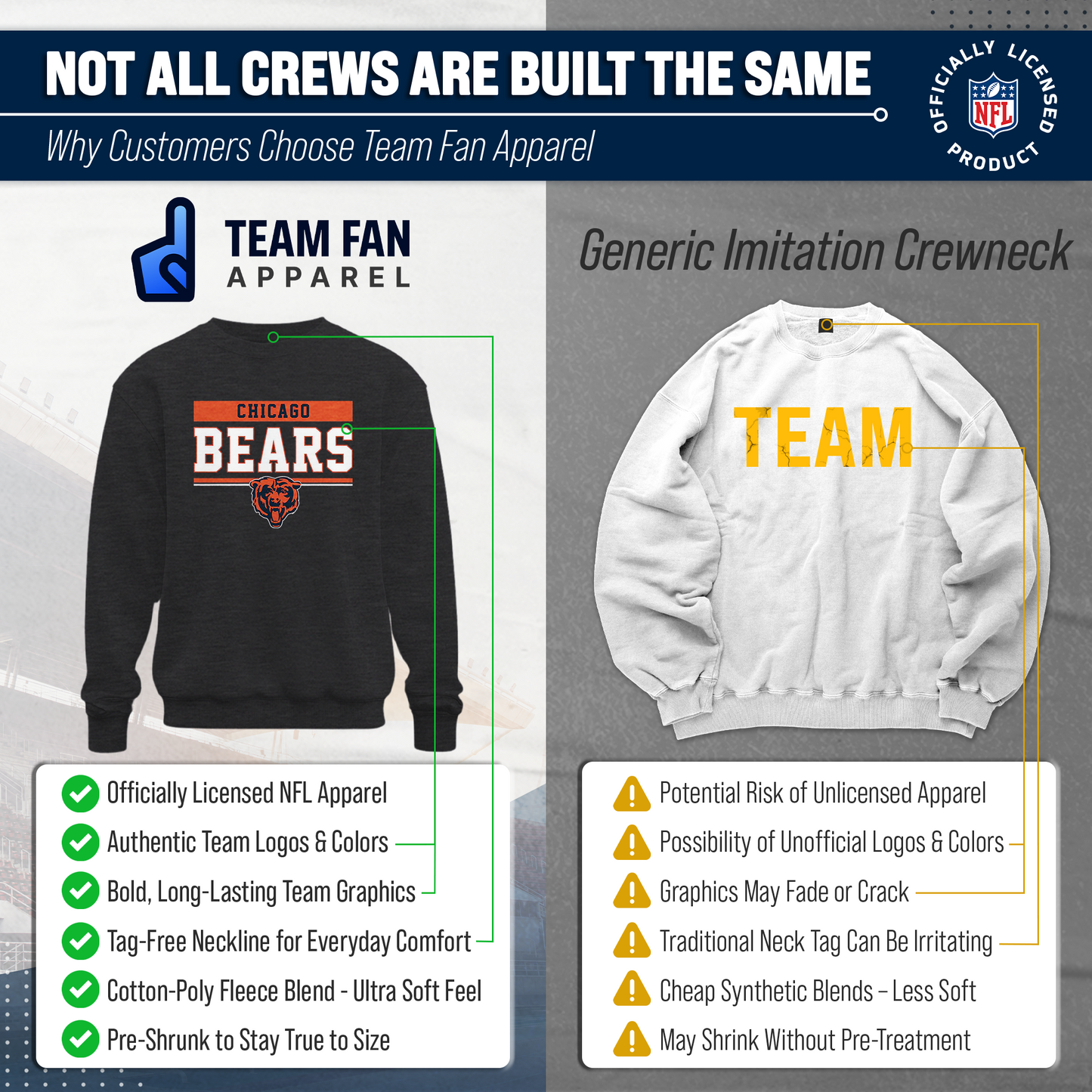 Chicago Bears NFL Adult Long Sleeve Team Block Charcoal Crewneck Sweatshirt - Charcoal