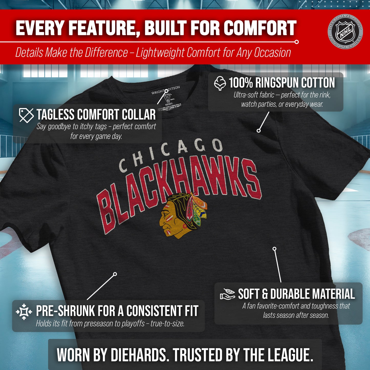 Chicago Blackhawks NHL Adult Powerplay Heathered Unisex T-Shirt - Black Heather